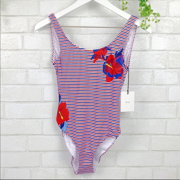 Onia Kelly Hibiscus Stripe Printed Swimsuit Size Small - Picture 5 of 9
